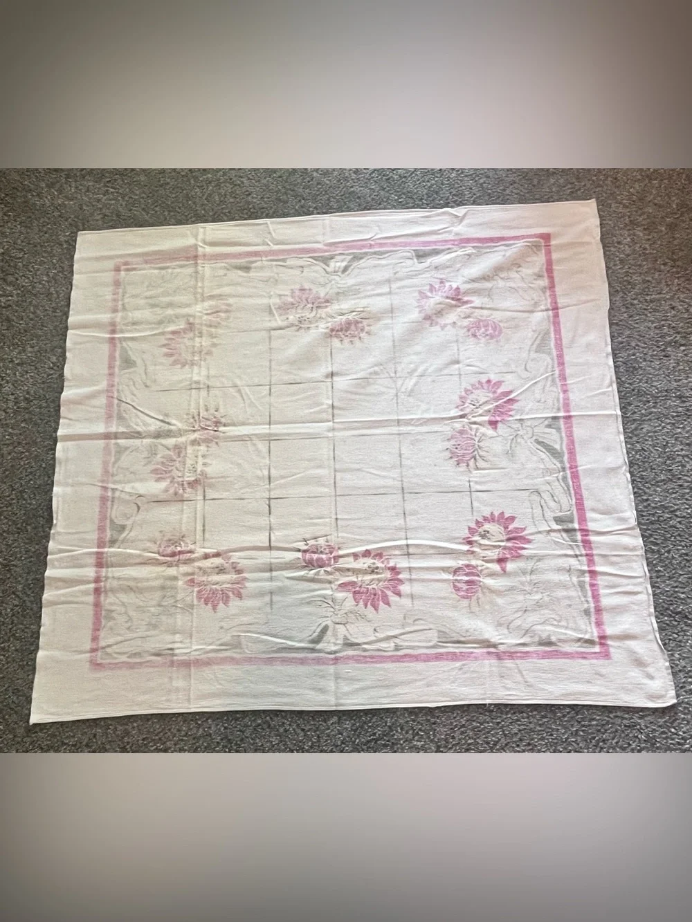 Set of 2 1950s tablecloths Pennsylvania PA Dutch Folk Art 56” Round & floral sq
